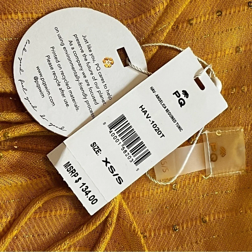 NWT PilyQ Haven Angelica Sequin Tunic XS/S Mustard Yellow Ruffled Swim Coverup